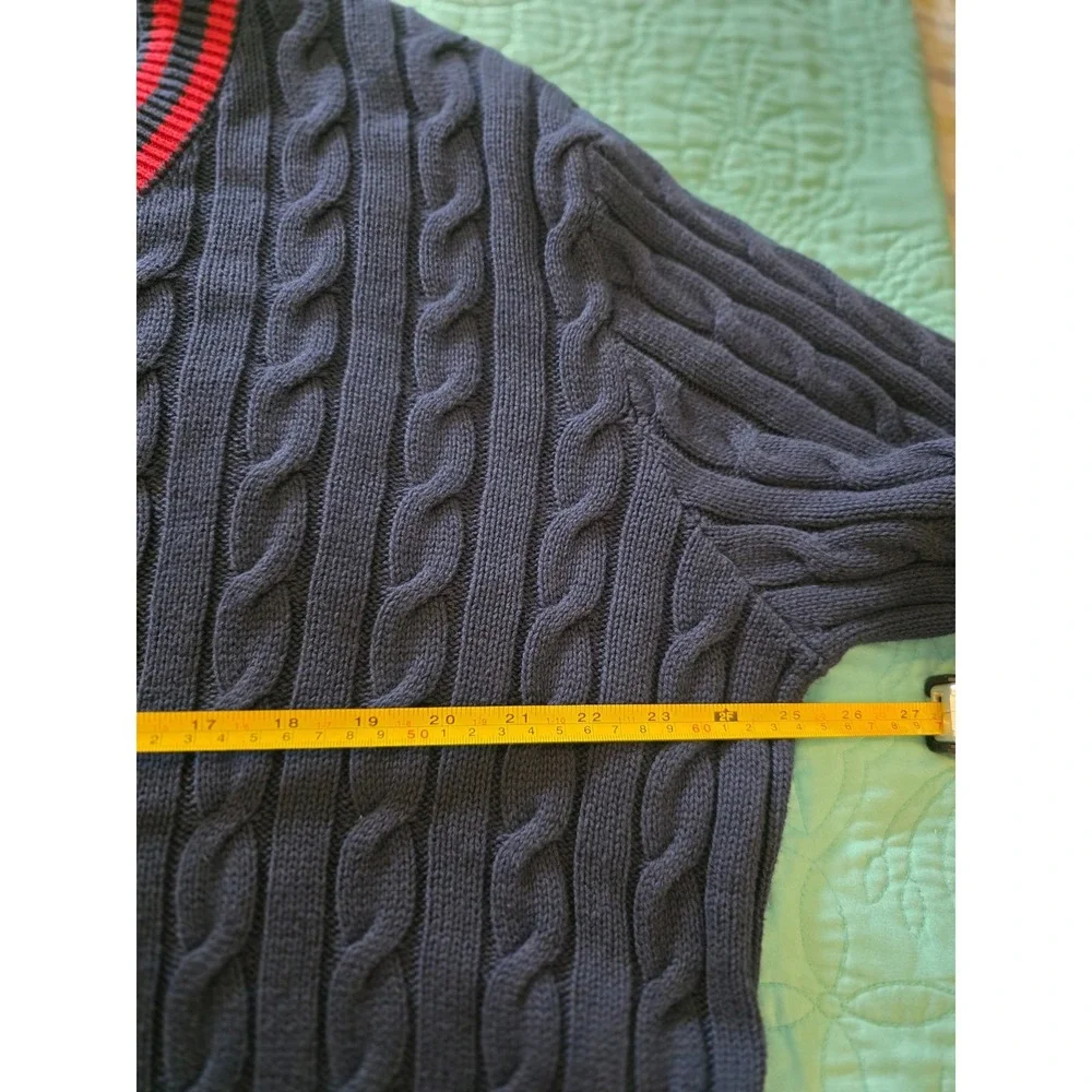 Old Navy Mens XL Tall Navy Blue Cable Knit V-Neck Sweater Red Trim Cotton Preppy